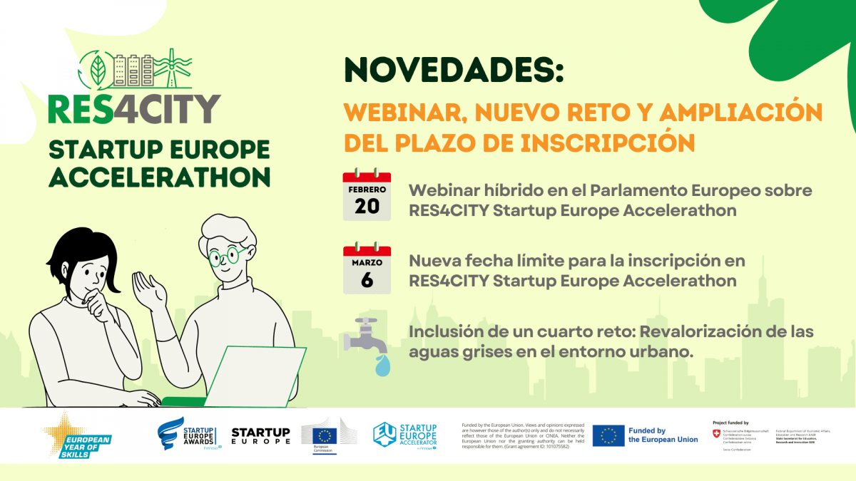 Ampliación de plazo de inscripción, nuevo reto y webinar híbrido, las novedades que presenta el RES4CITY STARTUP EUROPE ACCELERATHON