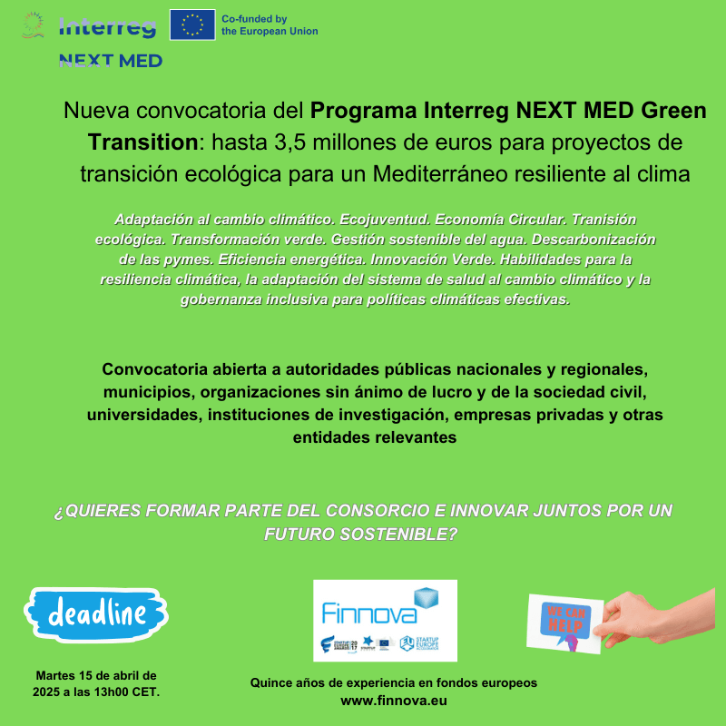 Nueva convocatoria del Programa Interreg NEXT MED Green Transition: hasta 3,5 millones de euros para proyectos de transición ecológica para un Mediterráneo resiliente al clima